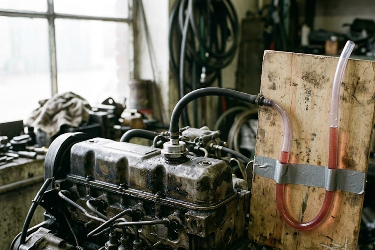 A water manometer connected to the oil filler to measure crankcase pressure