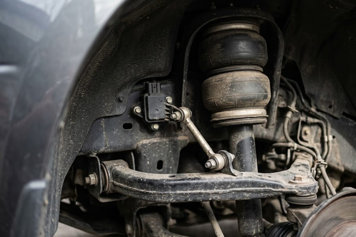 A ride height sensor and air spring inside a wheel arch