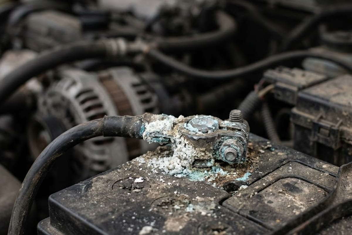 Heavy corrosion on a battery terminal and clamp