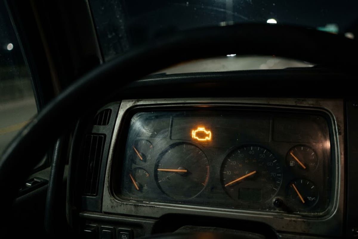 A lit check engine warning lamp on a truck's instrument cluster