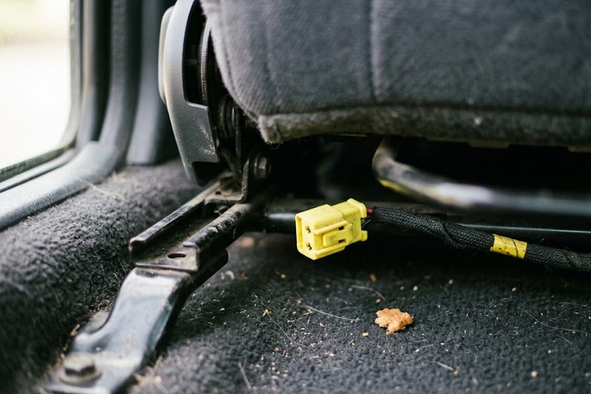 A yellow airbag connector under a third-row seat