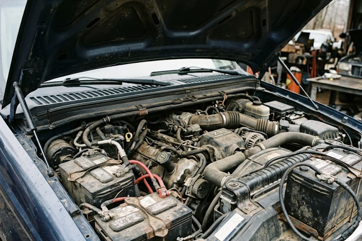 The two batteries of a diesel pickup, one on each side of the engine bay