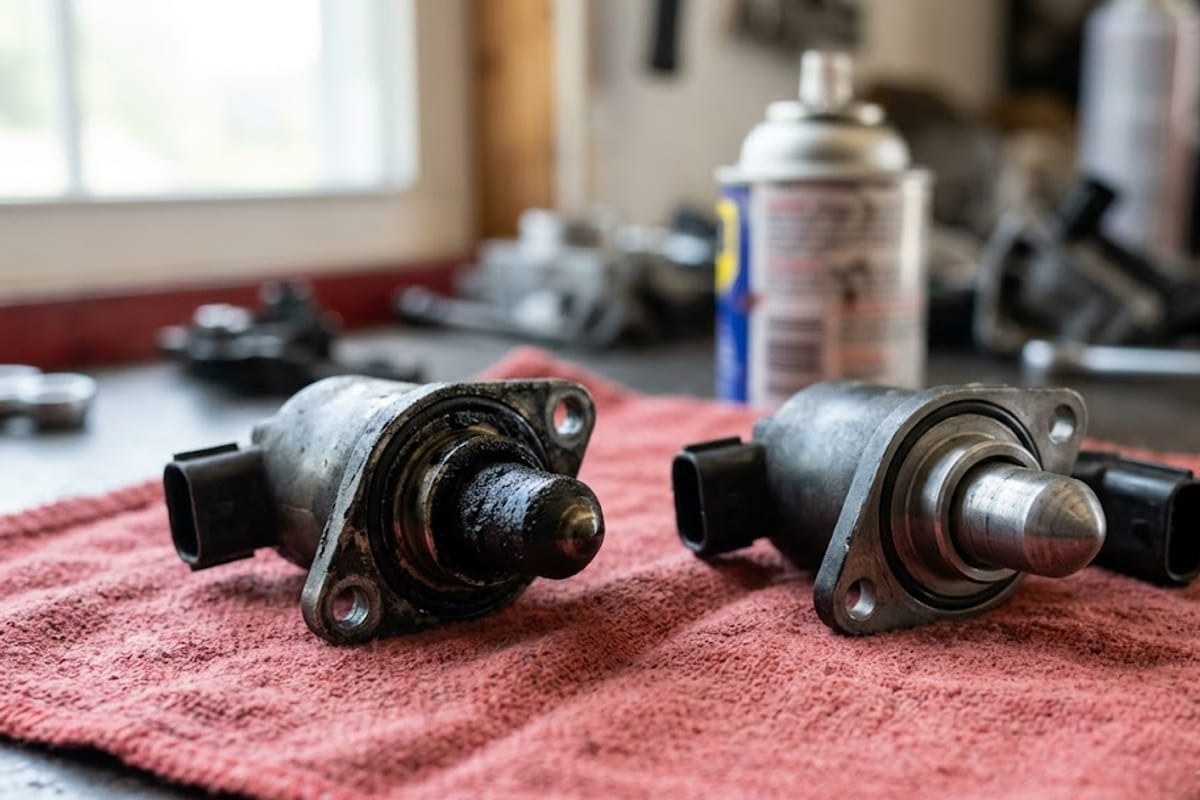 A carbon-coated idle air control valve beside a clean one