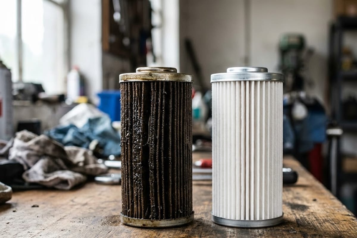 A sludge-clogged crankcase breather filter beside a new one