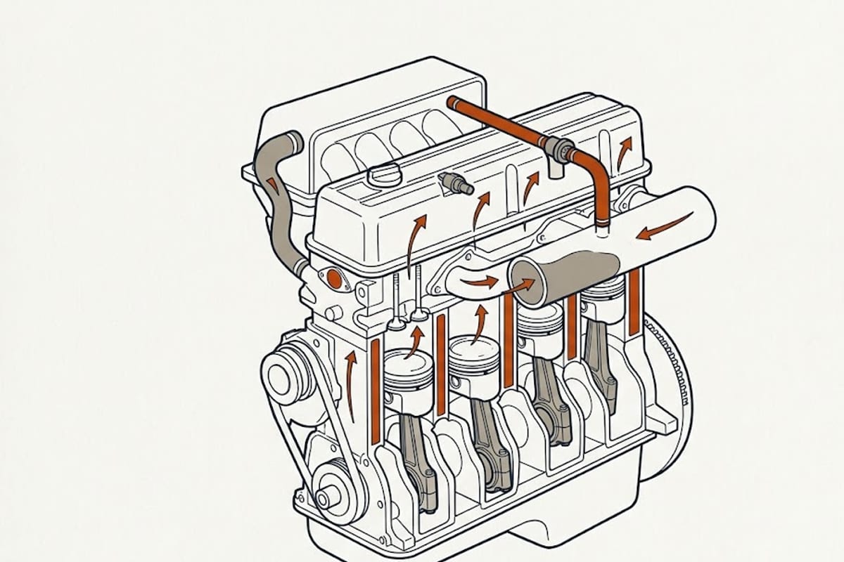 Cutaway of an engine valve cover showing the crankcase pressure sensor, the PCV valve and the hose to the intake manifold, with arrows for the blow-by path