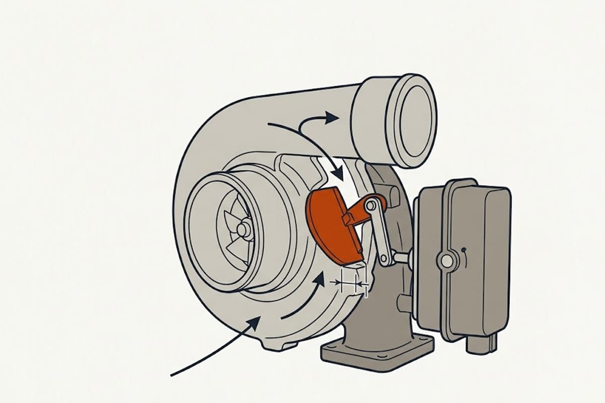Turbocharger with electric wastegate actuator and linkage, showing the commanded partly-open flap position on a cold start and the position sensor on the actuator