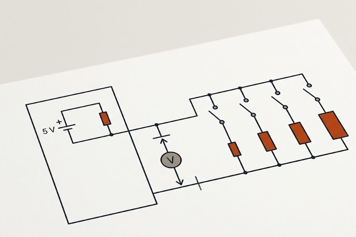 Schematic of a steering-wheel cruise switch resistor ladder: one signal wire from the module through a pull-up, four buttons each connecting a different resistor to ground, and a meter across signal and ground