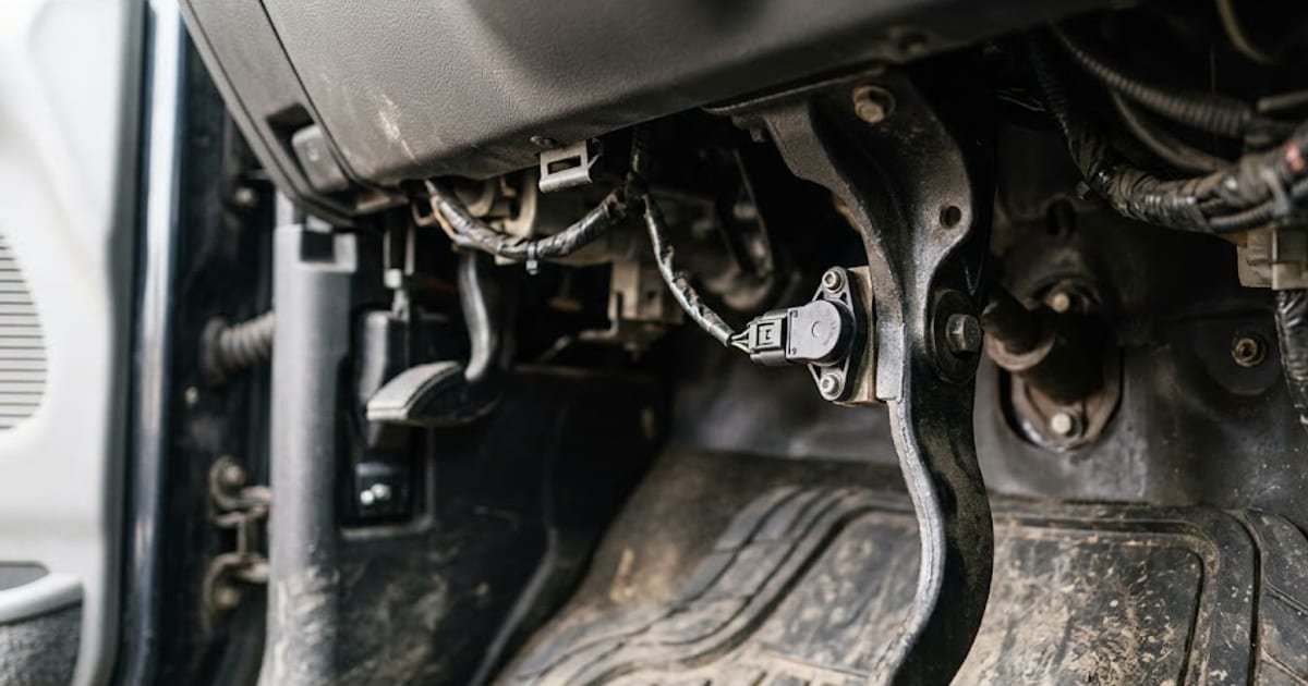 The brake pedal of a full-size pickup, with the pedal position sensor on the pedal bracket