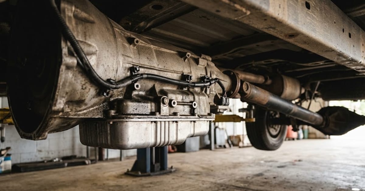 The underside of a heavy-duty pickup showing its automatic transmission