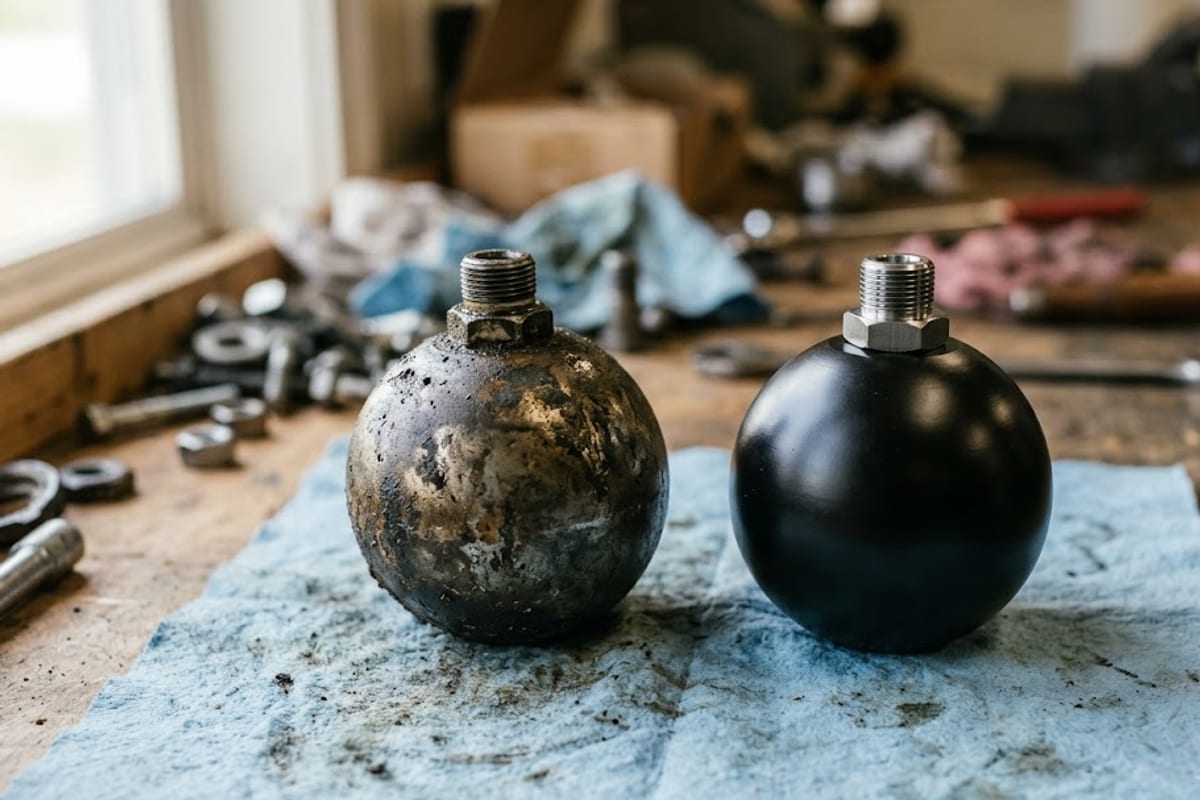 A worn accumulator sphere beside a new one
