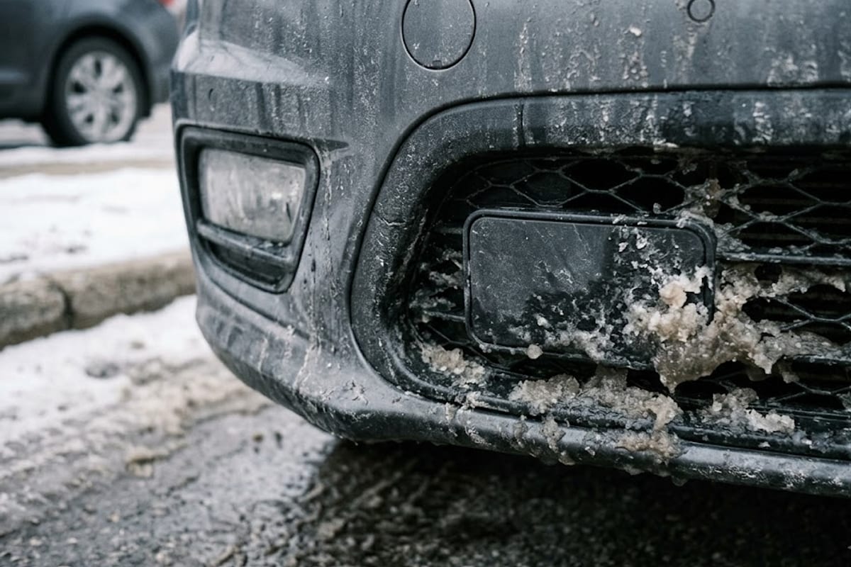 A radar sensor cover packed with snow and road grime