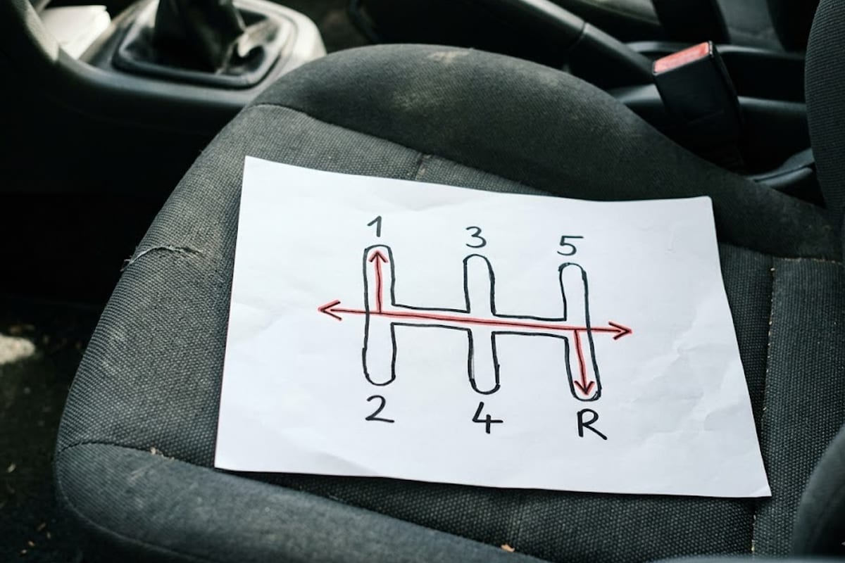A hand-drawn shift gate with the sideways gate movement marked in red