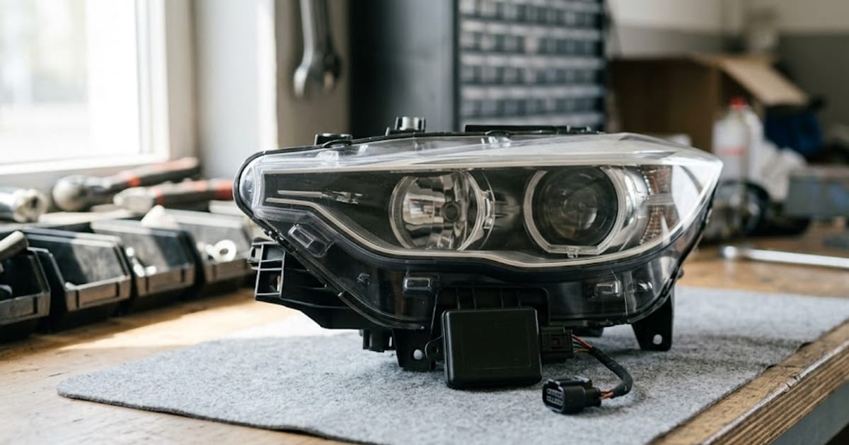 A headlamp unit removed from a car, with the leveling module attached to its base