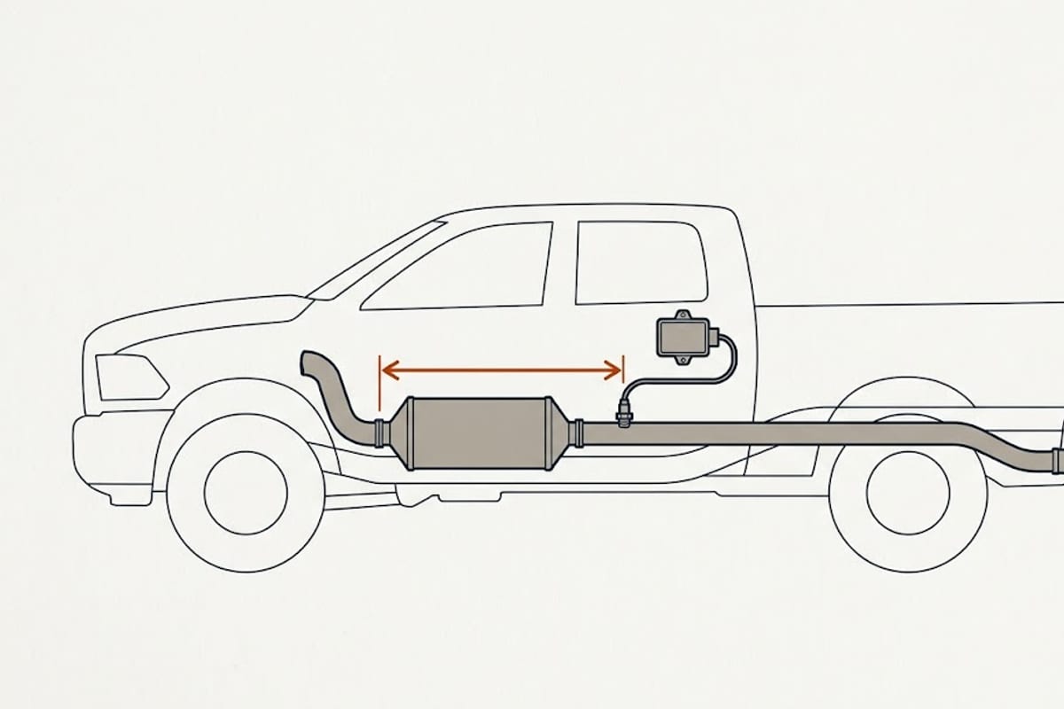 Underside view of a diesel exhaust: DPF can, the particulate matter sensor probe in the pipe just after it, and the sensor control module clipped to the frame rail with a short pigtail