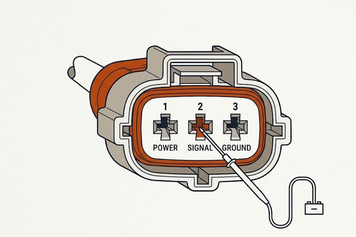 Three-wire digital MAF sensor connector: pin 1 power, pin 2 serial signal, pin 3 ground, with a back-probe on the signal pin and a meter lead on battery negative